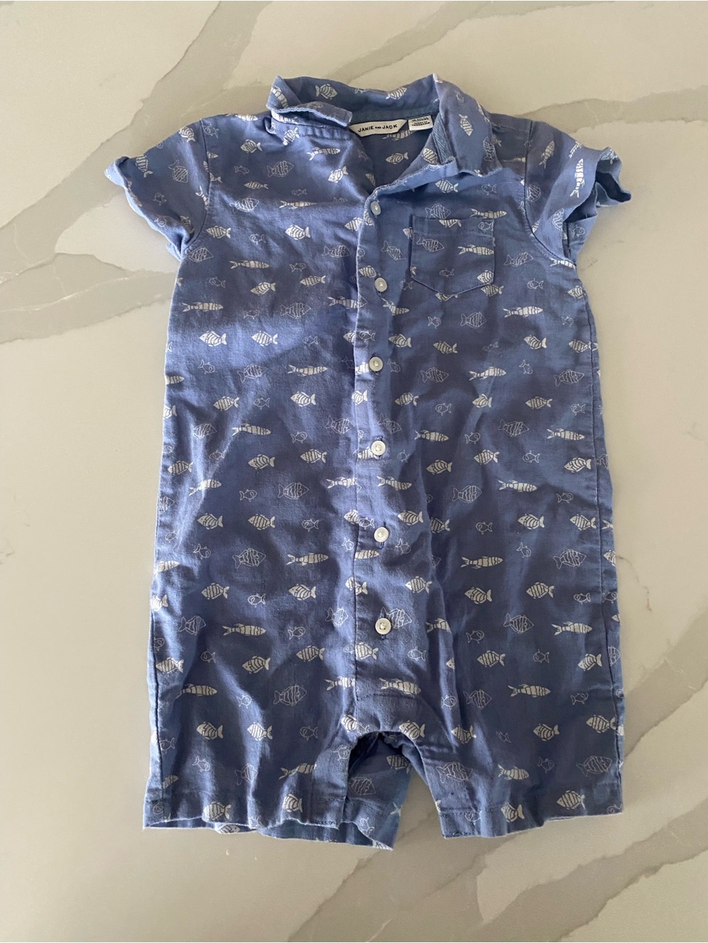 Janie and Jack Blue White Fish Print Collared Romper One-Piece 18-24M Linen